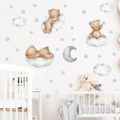 Ours mignon dormant sur les décalcomanies murales de nuage de lune, autocollants muraux de chambre d'enfant de bébé, autocollant mural bricolage