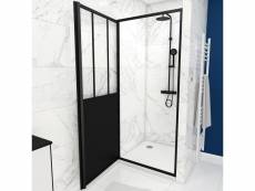 Pack porte de douche atelier pivotante noire 80x200 cm et receveur blanc effet pierre 80x80x4 cm
