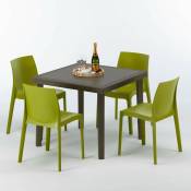 Table carrée et 4 chaises colorées Poly-rotin résine 90x90 marron Chaises Modèle: Rome Anis vert