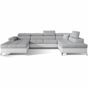 Canapé panoramique bi-matières tissu gris clair et simili cuir blanc coffre de rangement à droite Kutty 345 cm