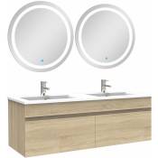 Ensemble meubles Salle de Bain double vasque 120cm + rond miroir lumineux Chêne Wotan