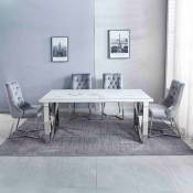 Ilyana - Table à manger rectangulaire effet marbre blanc et pieds argentés - Blanc