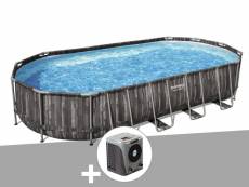 Kit piscine tubulaire ovale bestway power steel décor bois 7,32 x 3,66 x 1,22 m + pompe à chaleur