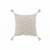Lana Deco - Coussin carré avec motif fleur et floches en coton blanc 45x45cm - Blanc
