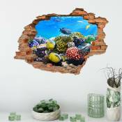 Linghhang - Sticker mural 3D Motif trou de mur ( poissons) - color