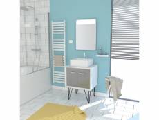 Meuble salle de bain scandinave blanc et gris 60 cm sur pieds - portes vasque a poser + miroir led