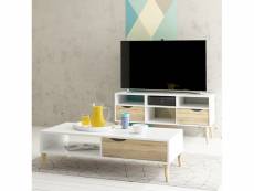 Meuble tv à deux tiroirs, coloris blanc et chêne,