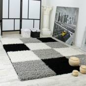 Paco Home - Tapis Shaggy Longues Mèches Hautes Carreaux Gris Noir Blanc 70x250 cm