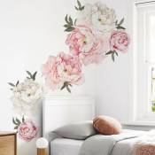 Sticker Mural Imprimé Pivoine Fleurs de Pivoine Décoration Murale de Chambre à Coucher, Floral Blanc et Rose, 1set