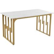 Table à manger 140 x 70 cm - structure en métal - design ajouré - plateau en mdf à motif de marbre - Doré & Blanc