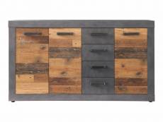 Meuble chambre. Commode avec 4 tiroirs en mélaminé coloris gris ciment portes bois effet vieilli. L - h - p : 151 - 86 - 37 cm.