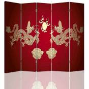 Paravent Décoratif 5 Volets avec Motif Dragons Asiatiques - 180 x 180 cm - 2 faces r° v° - Rouge