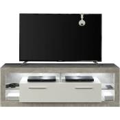 Rock Meuble TV 150 cm 1 pliante, 4 espaces ouverts, finition béton, blanc, blanc brillant.