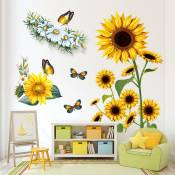 Stickers Muraux Tournesol 3D Papillon Jaune Fleurs Décoration Murale Vinyle Imperméable Amovible Autocollants pour Salon Cuisine Stickers Muraux pour