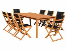 Table de jardin en bois extensible 2 fauteuils et 6