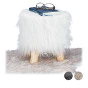 Tabouret fausse fourrure poils pouf 4 pieds bois assise rembourrée décoration rond HxD: 31x31 cm , blanc - Relaxdays