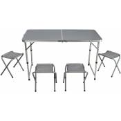 Ensemble de 5 pieces table de camping pique nique pliable en aluminium gris 120x60xh70/62/55cm avec 4 tabourets format mallette - Gris