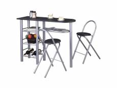 Ensemble style avec table haute de bar mange-debout comptoir et 2 chaises/tabourets, en mdf noir mat et structure en métal