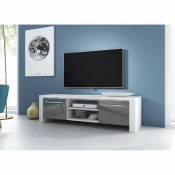 meublorama Meuble TV design MANHATTAN 140 cm à 2 portes et 2 niches coloris blanc et gris