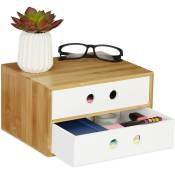 Organiseur de bureau, 2 tiroirs, bambou & mdf, boîte de rangement, ordre, hlp 14 x 25 x 20 cm, blanc - Relaxdays
