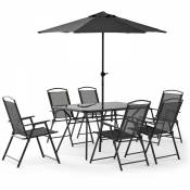 Salon de jardin table et 6 chaises pliantes avec parasol central - Gris Anthracite