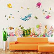 Stickers adhésifs Enfants | Sticker Autocollant le monde sous-marin - Décoration murale chambre enfants poissons et requin | 2 planches de 30 x 90 cm