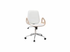 Chaise de bureau à roulettes design blanc, bois clair et acier chromé glory