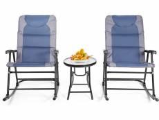 Giantex ensemble de jardin 3 pcs table basse en verre avec 2 chaises extérieures à bascule pliables coussins rembourrés bleu
