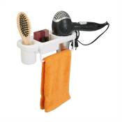 Support à sèche-cheveux sans perçage, plastique, porte-fil et étagères, HxLxP : env. 9x30x10,5 cm, blanc - Relaxdays