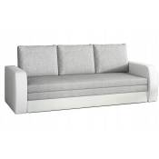 Canapé lit tissu gris clair et simili cuir blanc avec