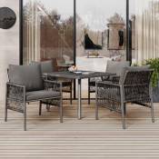Dans Les Nuages - Salon de jardin, 4 places - en polyrotin - avec 4 chaises, table à manger, coussins - en fer - gris - gris