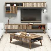 Ensemble meuble Tv, table basse et étagère murale design Ribera Bois foncé et Blanc - Bois / Blanc