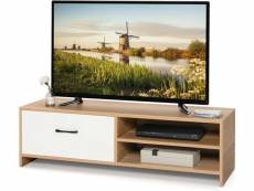 Gientex meuble tv avec tiroir et 2 compartiments pour tv 55" au max, banc tv en bois pour salon, chambre, bureau, 120 x 42 x 35cm