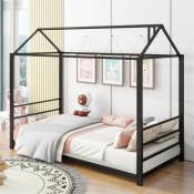 Lit cabane 90x200cm, lit d'enfant modelant la maison, lit en fer, lit plateform, lit simple noir