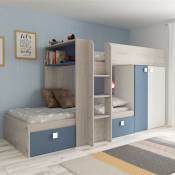 Lit superposé pour deux enfants avec tiroirs et armoire en blanc vintage et bleu clair