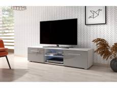 Meuble banc TV - 140 cm - Blanc mat / Gris brillant - Avec LED - Style moderne Moon