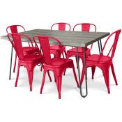 Pack Table à manger - Design industriel 150cm + Pack de 6 chaises à manger - Design industriel - Hairpin Stylix Rouge - mdf, Métal - Rouge