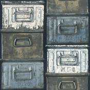 Papier peint à l'esprit indus motifs boites métalliques - Gris - 10 m x 0,53 m