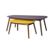 Sans Marque - Lot de 2 Tables basses ovales - Imitation bois noyer et jaune - jason - l 120 x p 70 x h 43 cm et l 66 x p 42 x h 33 cm