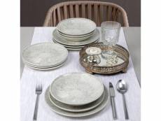 Service de table 18 pièces watkins 100% porcelaine motif brush blanc et gris