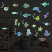 Sticker phosphorescent lumineux - animaux marins - Autocollant mural plafond enfant fluorescent - 80x105cm - multicolore