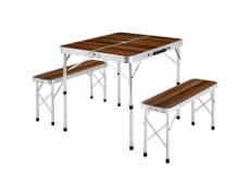 Hombuy table pliante de camping + 2 bancs en aluminium marron