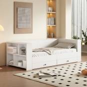 Lit banquette - Canapé lit 90x200cm avec 2 tiroirs et étagèrea à côté du lit - Blanc