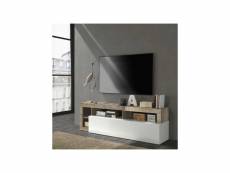 Meuble tv 1 abattant 2 niches blanc laqué brillant-bois fumé - ischia - l 184 x l 42 x h 58 cm - neuf