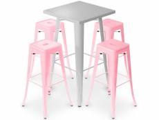 Pack tabouret table & 4 tabourets de bar design industriel - métal - nouvelle edition - bistrot stylix rose