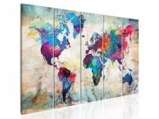 Tableau sur toile en 5 panneaux décoration murale image imprimée cadre en bois à suspendre carte du monde : mur fissuré 225x90 cm 11_0004614