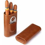 Cave à cigares en cuir marron à 3 doigts avec coupe-cigare en acier inoxydable argenté