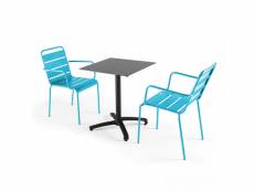 Ensemble table de jardin stratifié ardoise gris et 2 fauteuils bleu
