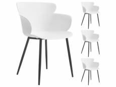 Lot de 4 chaises catch salle à manger ou cuisine design retro avec larges accoudoirs, coque en plastique blanc et 4 pieds métal noir