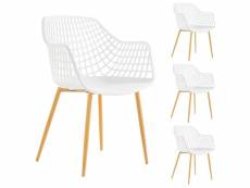 Lot de 4 chaises lucia pour salle à mange design retro avec accoudoirs, coque en plastique blanc et pieds en métal décor chêne